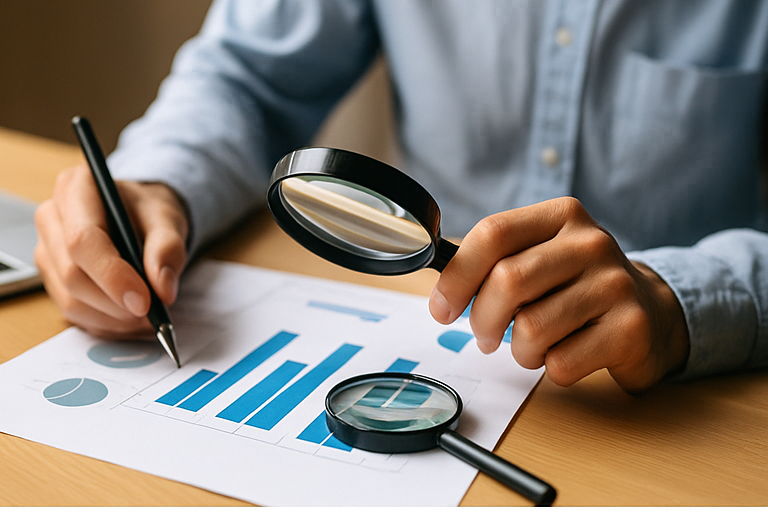 Person analysing charts with magnifier — data analysis and interpretation