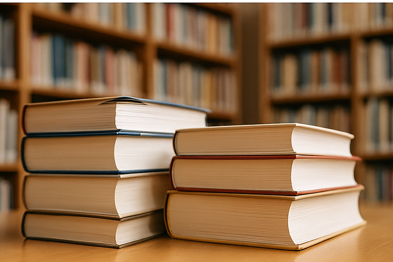 Stack of library books — thesis writing resources and references